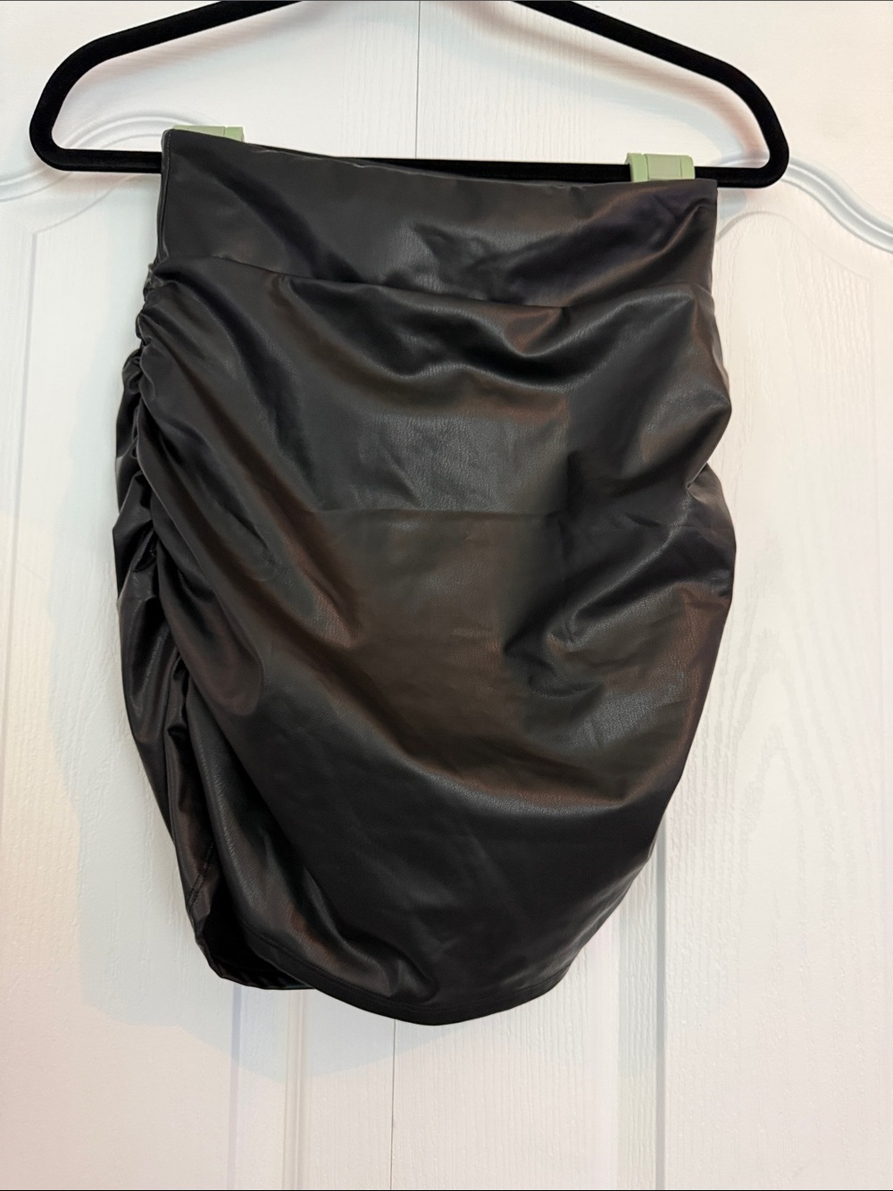 Black Faux Leather Ruched Mini Skirt with Built-in Shorts - Small Regular